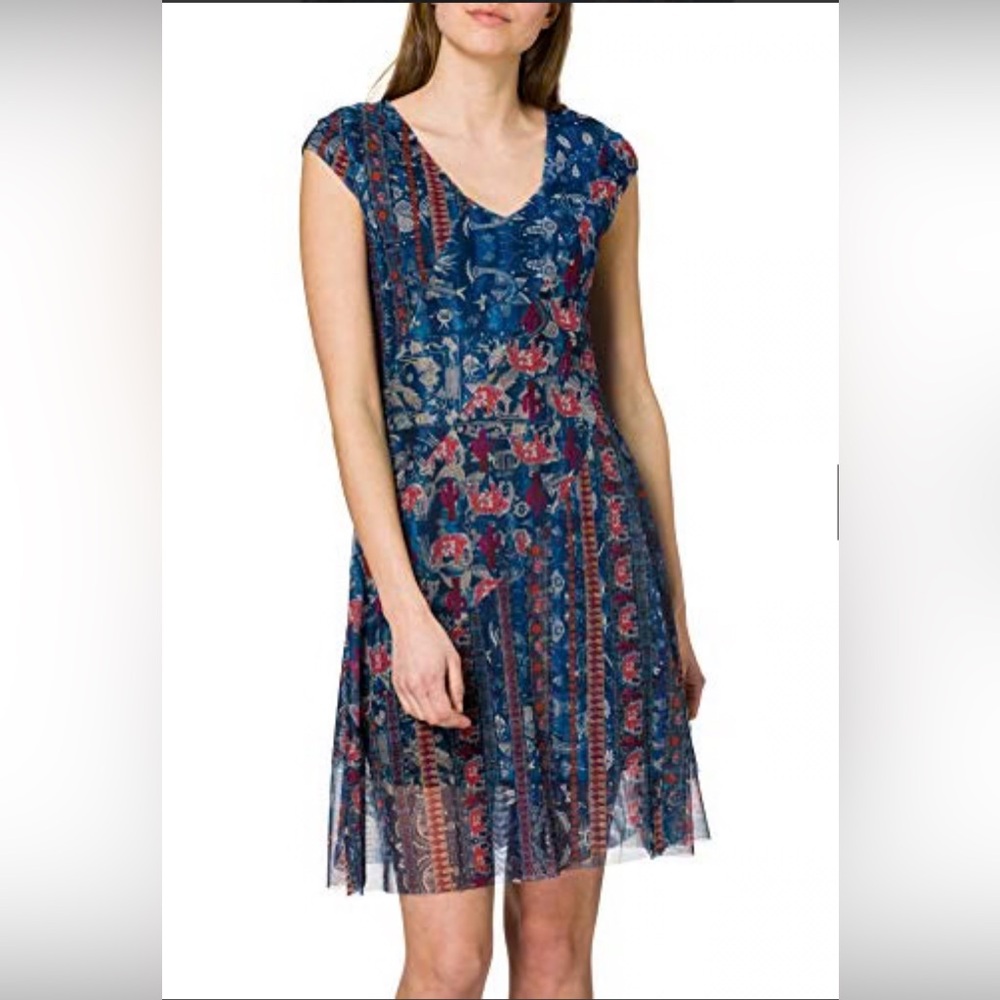 desigual women's Vest Merry Casual Dress Layered Blue Red Elephants Print Boho